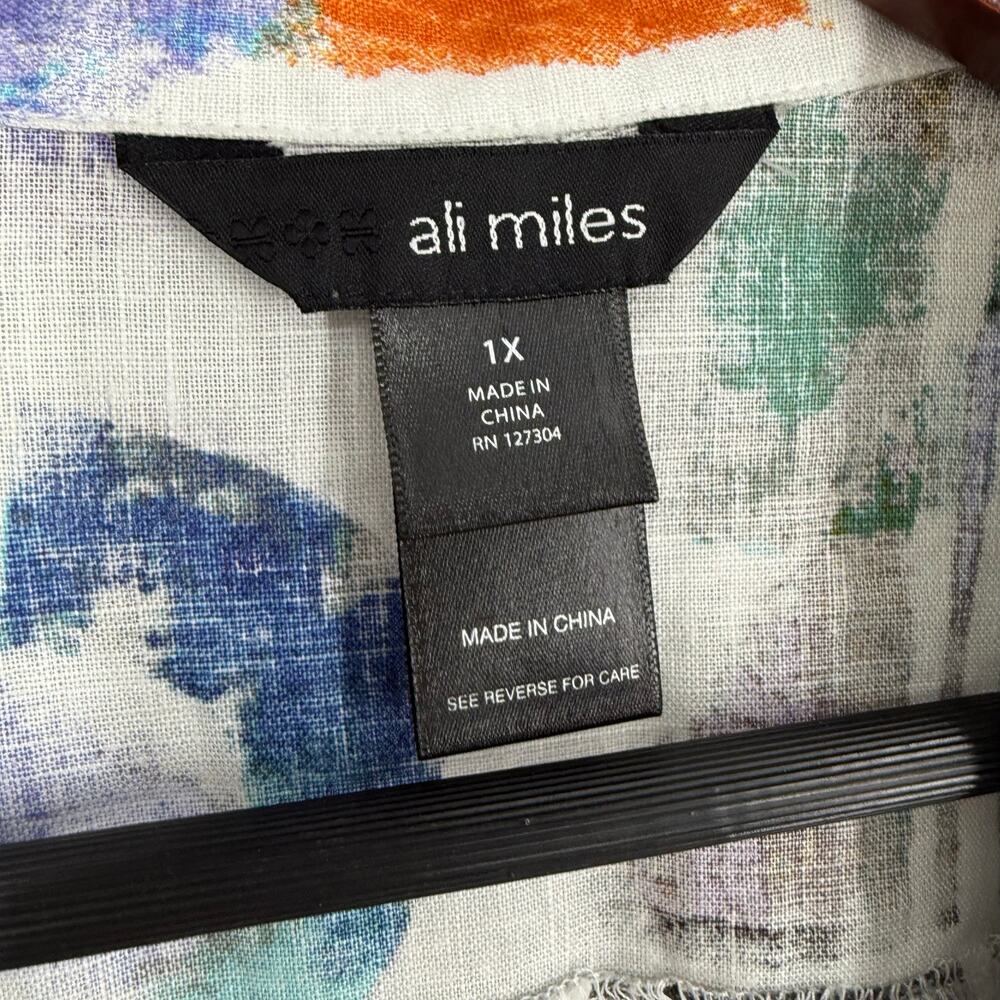 Ali Miles Plus Size 1X LINEN BLEND Abstract Blouse Shirt Top Wearable Art Artsy - Picture 3 of 10